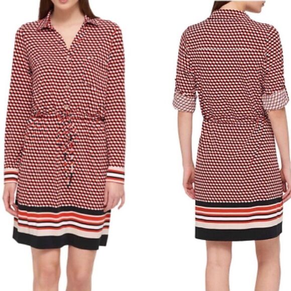 Tommy Hilfiger Dresses & Skirts - Tommy Hilfiger 10 Geometric & Stripes Jersey Long Sleeve Collared Shirt Dress